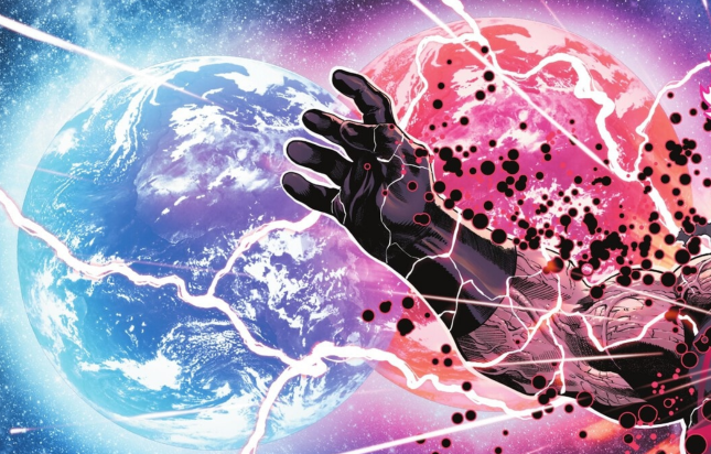 Darkseid's hand, surrounded by Kirby Krackle, is in the foreground. Behind it, you can see a blue earth (left) and a red one (right) overlapping.